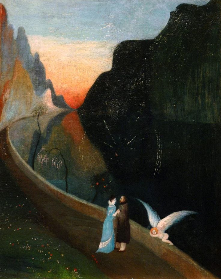 This may contain: an image of two people standing on a bridge with birds flying over them and mountains in the background
