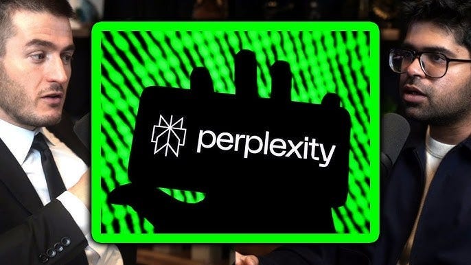 A YouTube thumbnail from the Lex Fridman Podcast with Perplexity CEO, Aravind Srinivas. Shows Perplexity text with both hosts to either side deep in conversation.