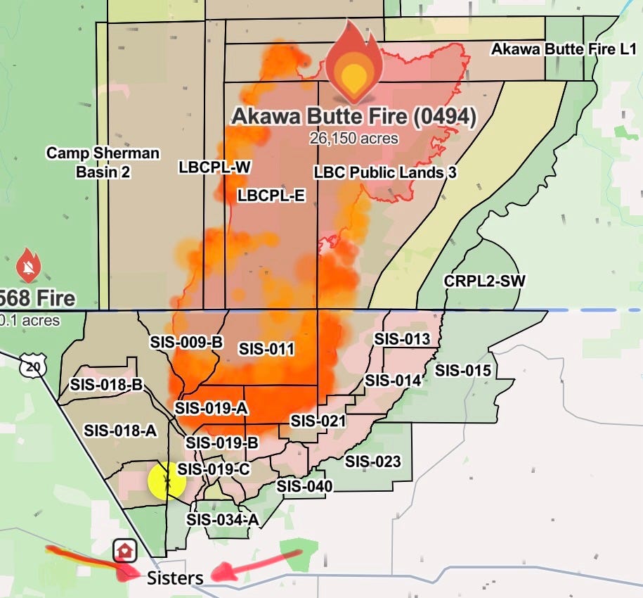 screen cap from Watch Duty, showing the Akawa Fire in relation to the tiny town of Sisters, Oregon. Trust me, it's big and too close! screen cap from Watch Duty, showing the Akawa Fire in relation to the tiny town of Sisters, Oregon. Trust me, it's big and too close!