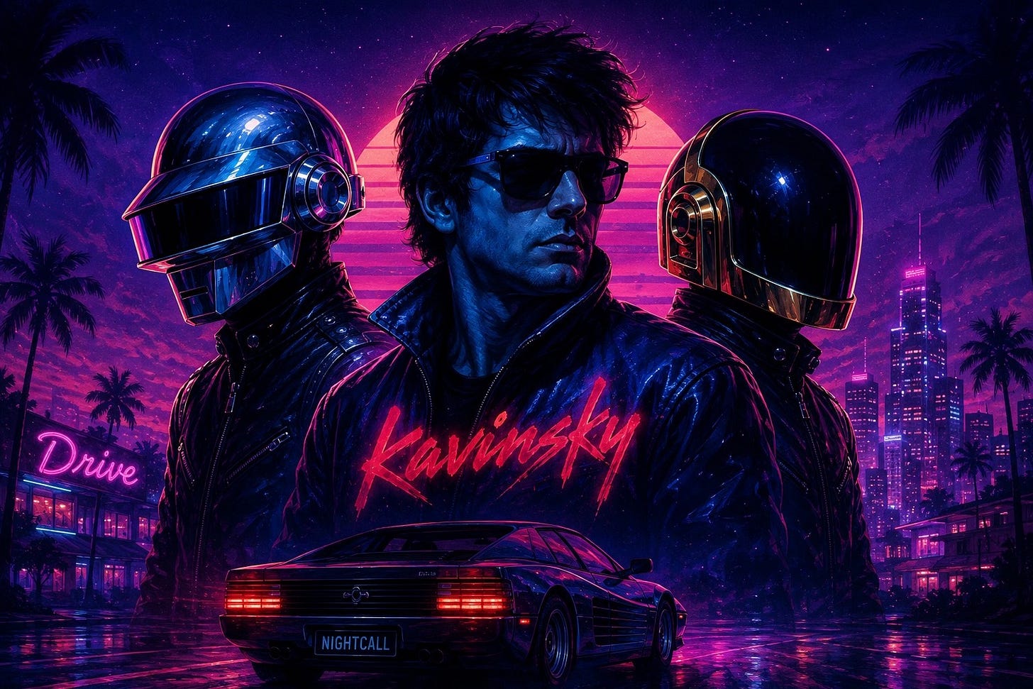 Illustration of Daft Punk in their signature helmets standing with Kavinsky in a neon synthwave cityscape with a retro sports car and glowing sunset.