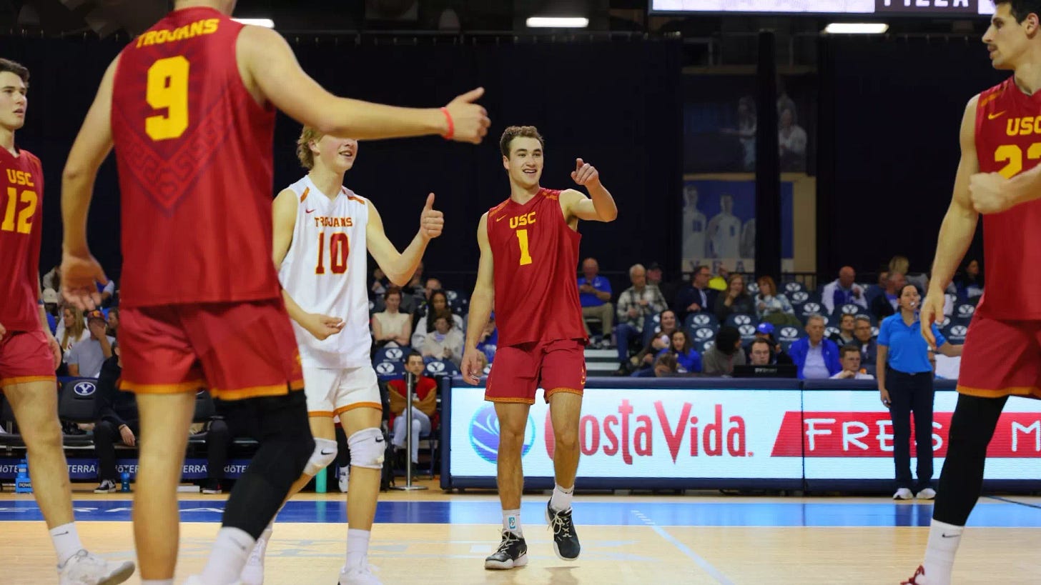 USC men's volleyball players celebrate a point during a match at BYU's Smith Fieldhouse USC men's volleyball players celebrate a point during a match at BYU's Smith Fieldhouse