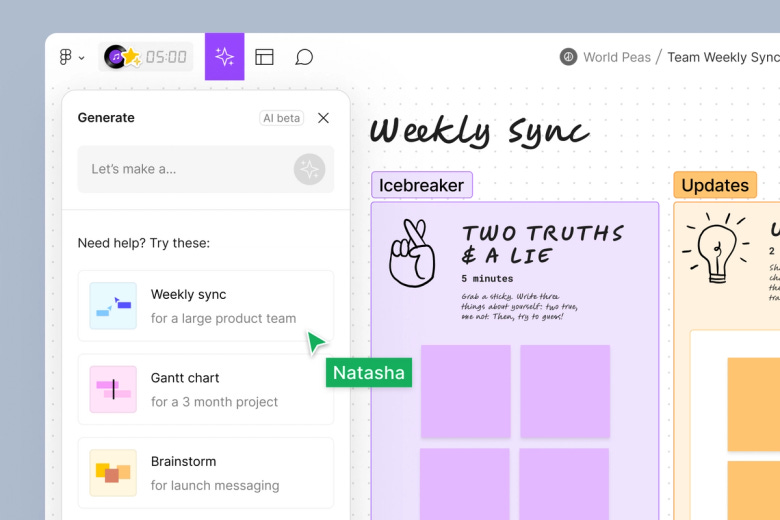 A "weekly sync" is selected from the prompt panel and a FigJam board is populated with a template. A "weekly sync" is selected from the prompt panel and a FigJam board is populated with a template.