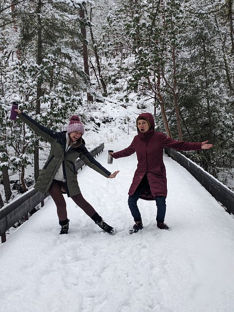 Main lodge covered in snow; inside the yoga yurt; partner yoga; cabin interior; the group, enjoying dinner; a bunch of smiling yoga friends; two friends on a bridge; two friends enjoying sledding; Buckhorn Springs welcome sign