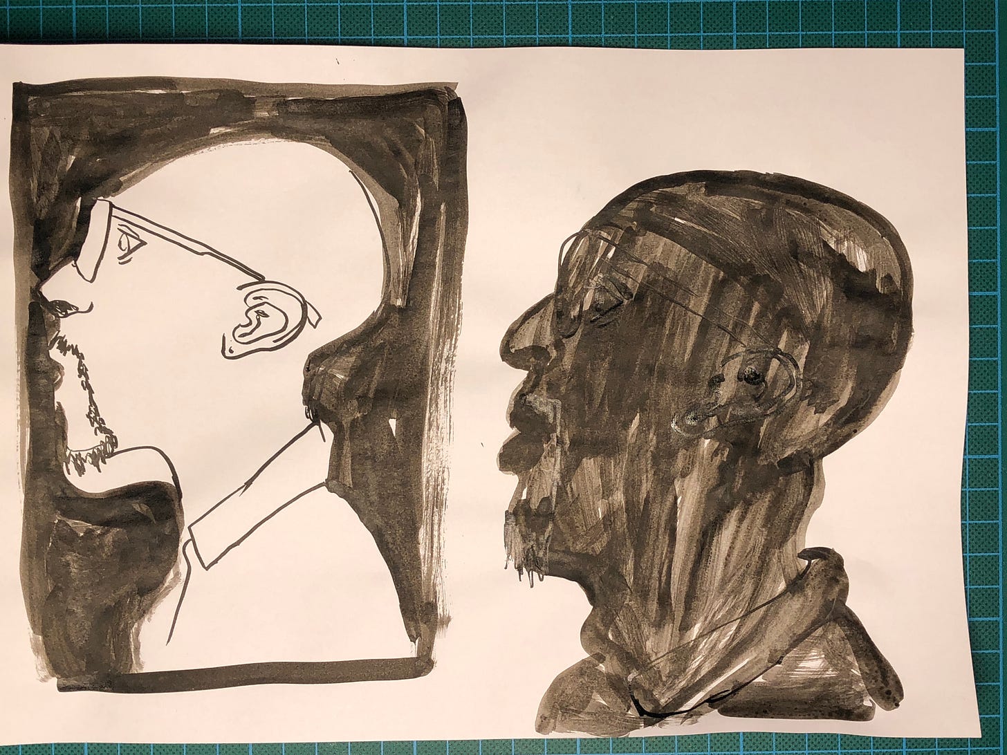 Photo d'une feuille A4 où j'ai fait deux fois le portrait d'un homme de profil sans cheveux portant des lunettes. A gauche le fond de l'image est noir et la tête blanche. A droite la tête est noire sur fond blanc. Photo d'une feuille A4 où j'ai fait deux fois le portrait d'un homme de profil sans cheveux portant des lunettes. A gauche le fond de l'image est noir et la tête blanche. A droite la tête est noire sur fond blanc.