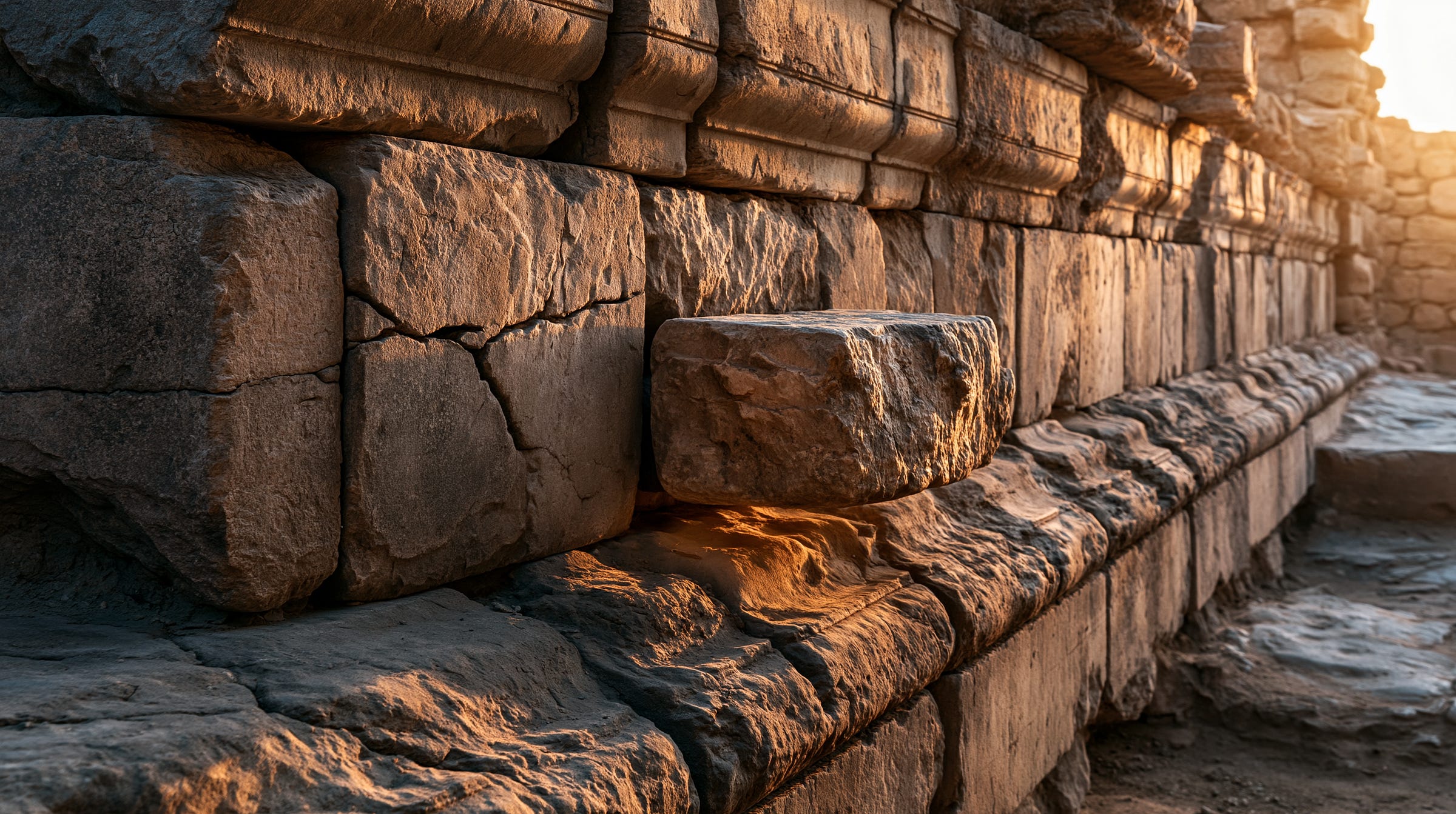A weathered stone wall built in long uniform courses, every block cut and aged the same way, A weathered stone wall built in long uniform courses, every block cut and aged the same way,