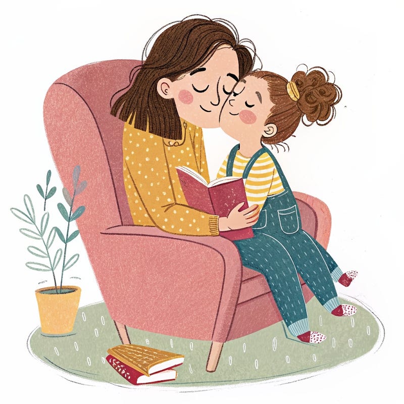 a colourful illustration of a little girl kissing her mom