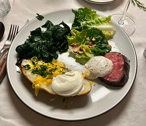 a photo of embroidery, a photo of rachel karten holding a martini, a photo of a plate with beed tenderloin, baked potato, and spinach