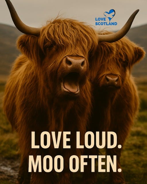 May be an image of text that says "LOVE SCOTLAND LOVE LOUD. MOO OFTEN."
