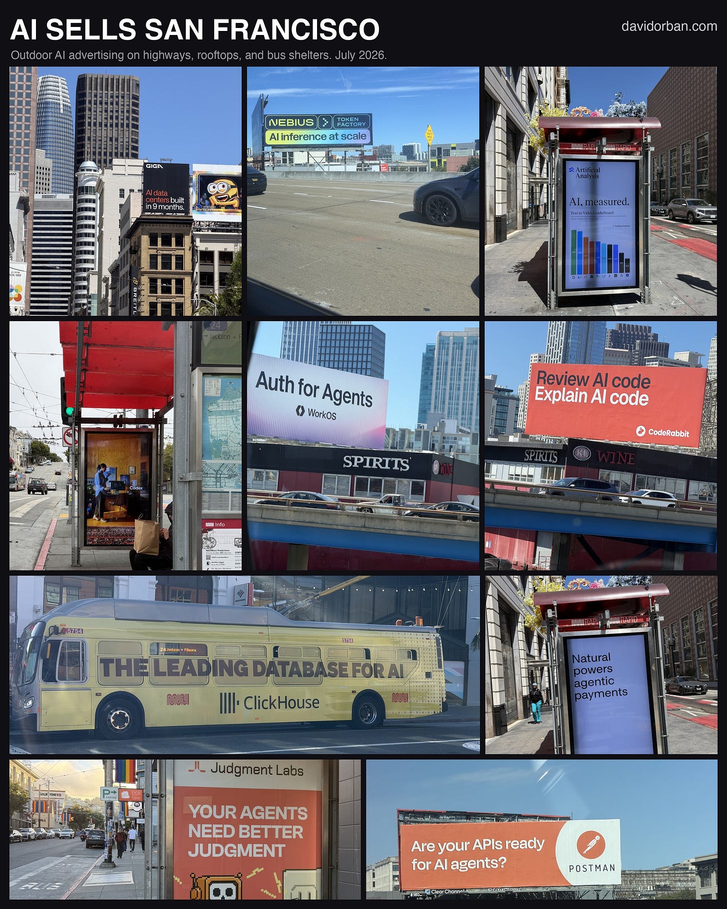 A ten-photograph collage of AI companies advertising on San Francisco streets in July 2026: highway hoardings, building wraps, bus shelters and a payments kiosk, carrying brands including Codex, Nebius and CodeRabbit.