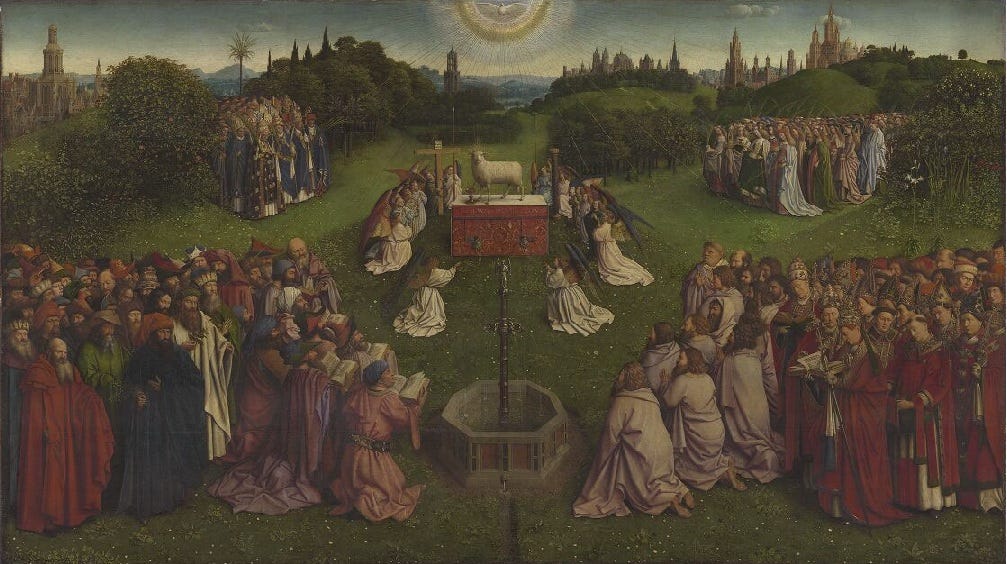 Adoration of the Mystic Lamb, central panel of the Ghent Altarpiece, oil on panel, 1432