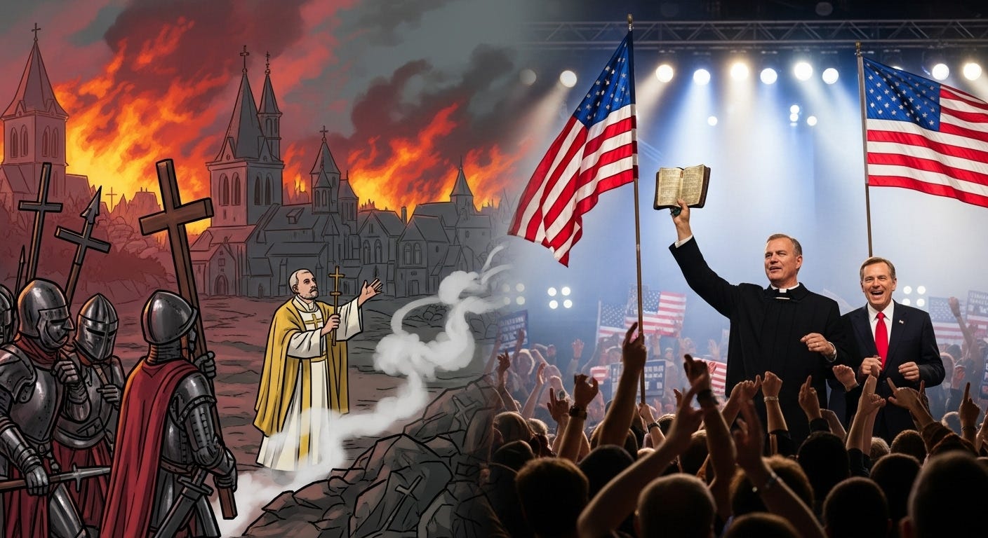 A split image showing Europe’s burning religious past beside America’s modern political rallies, symbolizing the persistence of faith-driven power.