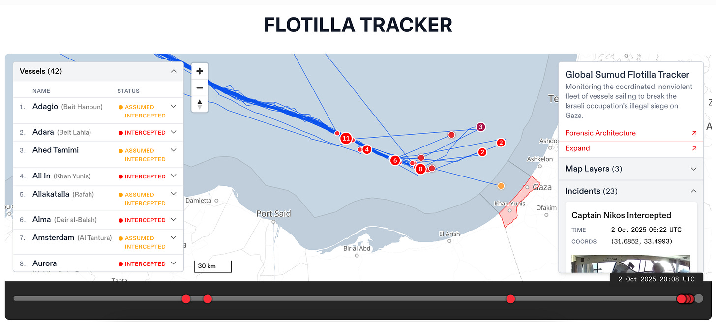 A digital map showing the Global Sumud Flotilla approaching Gaza by sea, with blue lines tracing vessel paths and red dots marking points of interception.