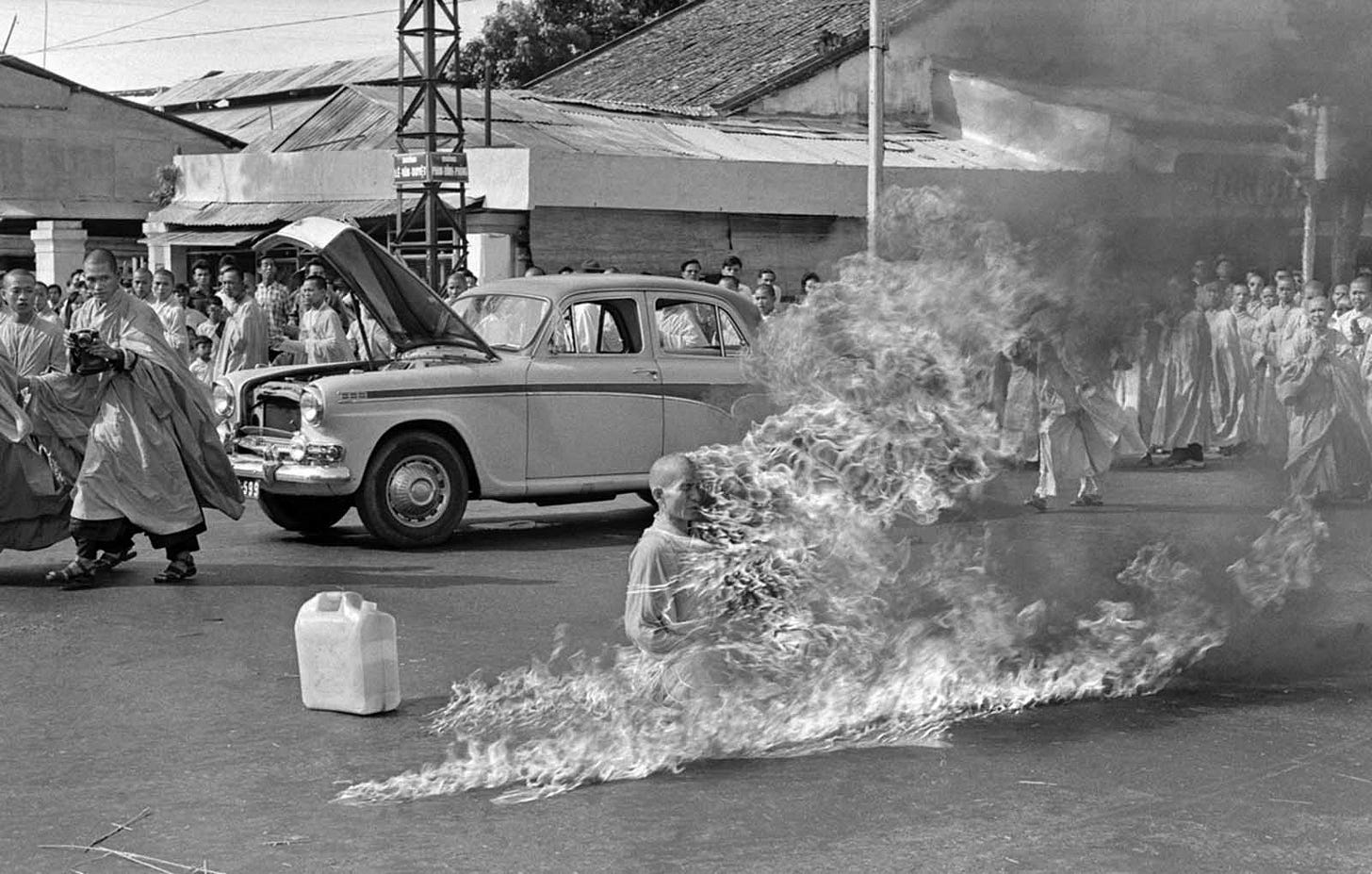 Buddhist monk Thich Quang Duc's self-immolation on a Saigon street on June 11, 1963, a harrowing protest against the South Vietnamese government's alleged persecution of Buddhists under President Ngo Dinh Diem.