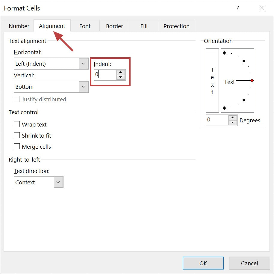 Indent in Excel using Format Cells dialog box The Alignment tab of the Format Cells dialog box.