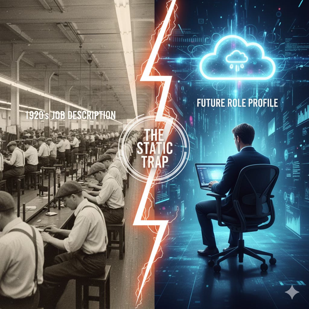 Split image illustrating the article's theme. On one side, a black-and-white factory assembly line from the 1920s; on the other, a modern, abstract visualization of digital data and cloud computing. The image symbolizes the shift from industrial standardization to dynamic, digital knowledge work. Split image illustrating the article's theme. On one side, a black-and-white factory assembly line from the 1920s; on the other, a modern, abstract visualization of digital data and cloud computing. The image symbolizes the shift from industrial standardization to dynamic, digital knowledge work.