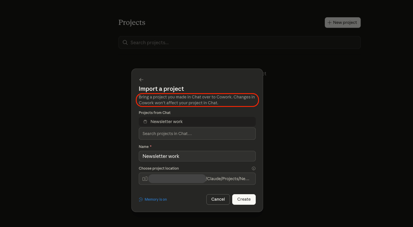 The “Import a Project” screen showing that changes in Cowork won’t affect projects in Chat