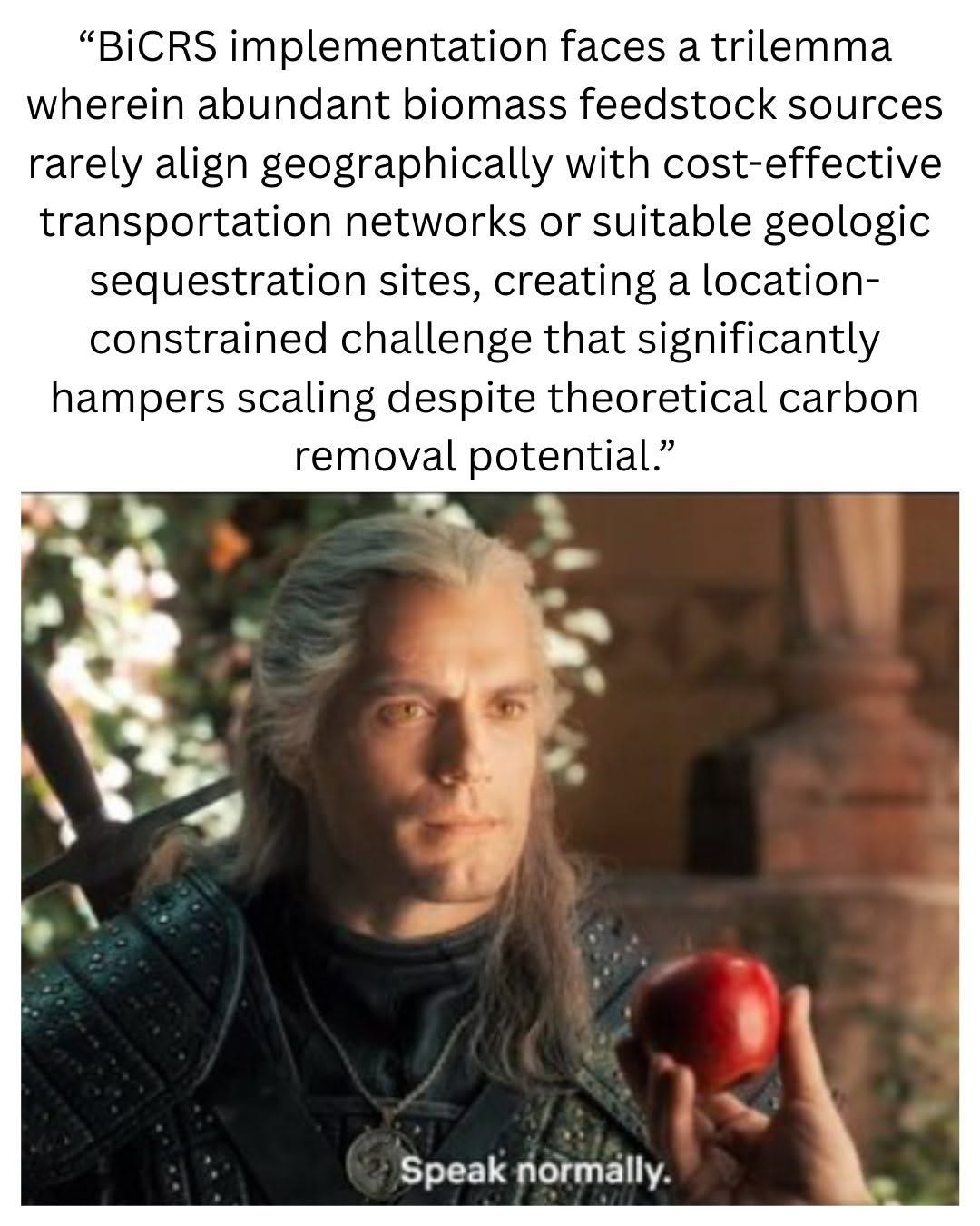 Geralt from The Witcher holding an apple, under a long quote: "BiCRS implementation faces a trilemma wherein abundant biomass feedstock sources rarely align geographically with cost-effective transportation networks or suitable geologic sequestration sites, creating a location-constrained challenge that significantly hampers scaling despite theoretical carbon removal potential." Subtitle: "Speak normally."