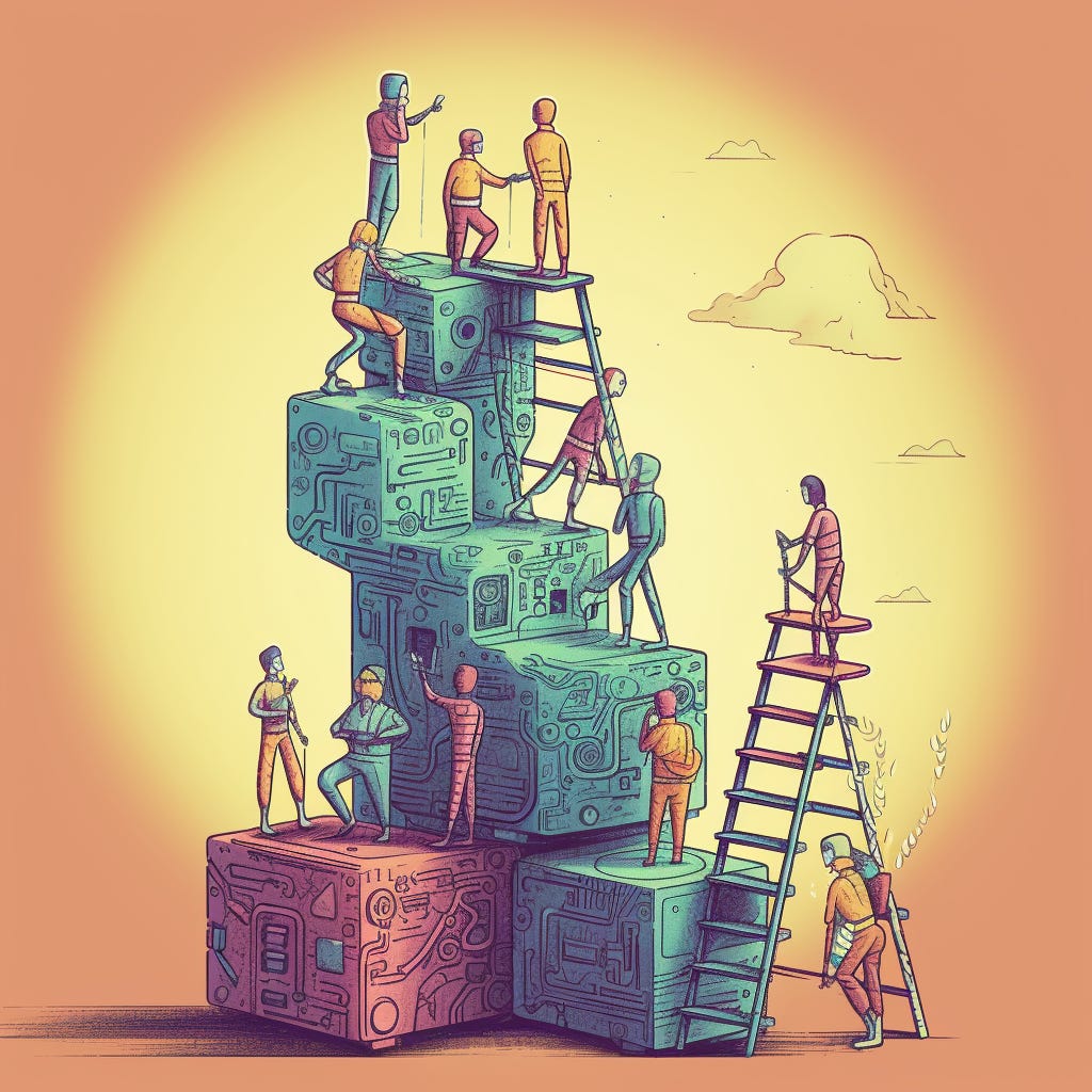 Illustration of human and AI building together.