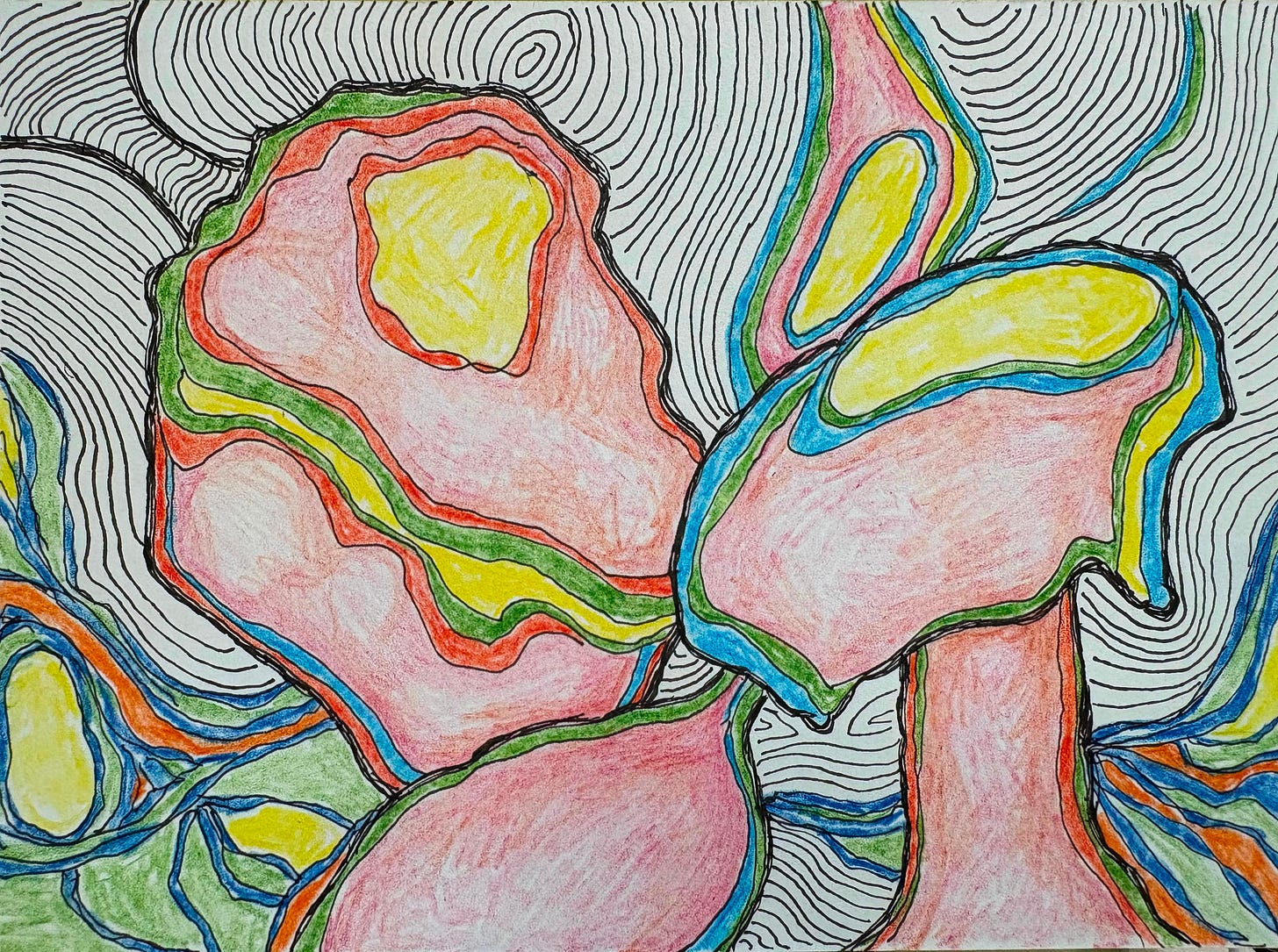 An ink and colored pencil drawing, abstract, with lots of lines emanating from some mushroom-like shapes.