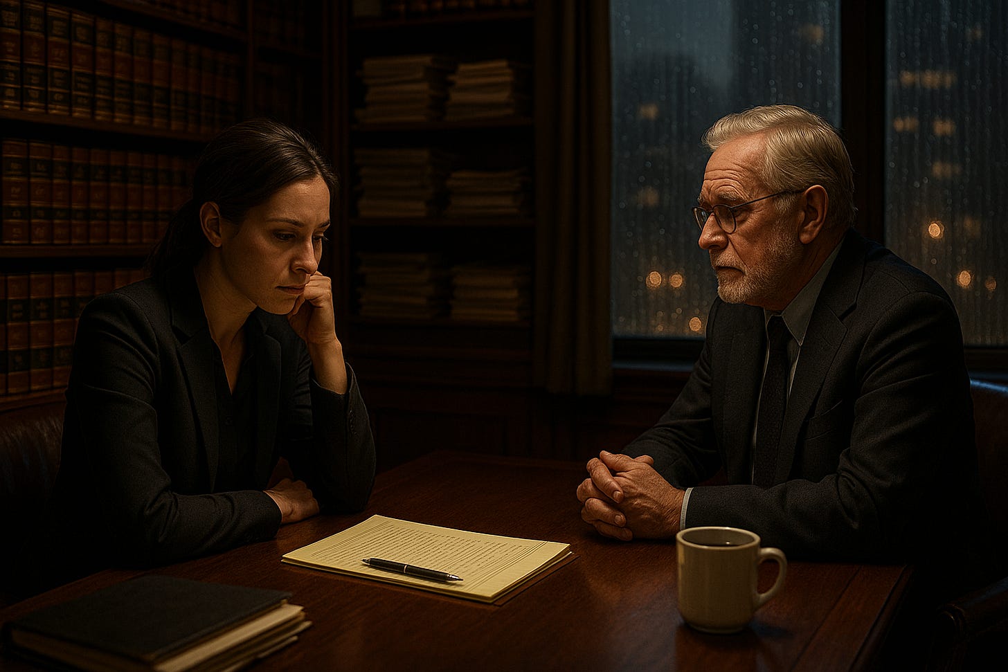 A professional and her mentor in a quiet office, weighing an ethical decision that could change her career.