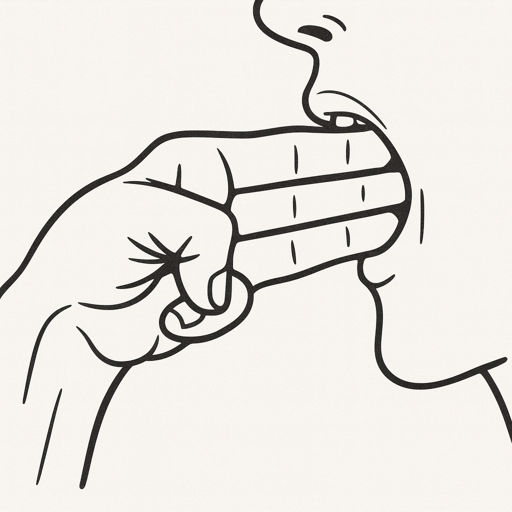 Three fingers inserted vertically into mouth for jaw mobility exercise