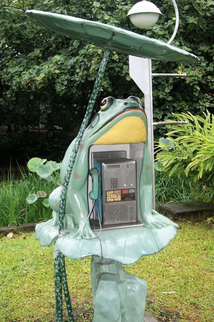 This may contain: an old fashioned pay phone in the shape of a frog