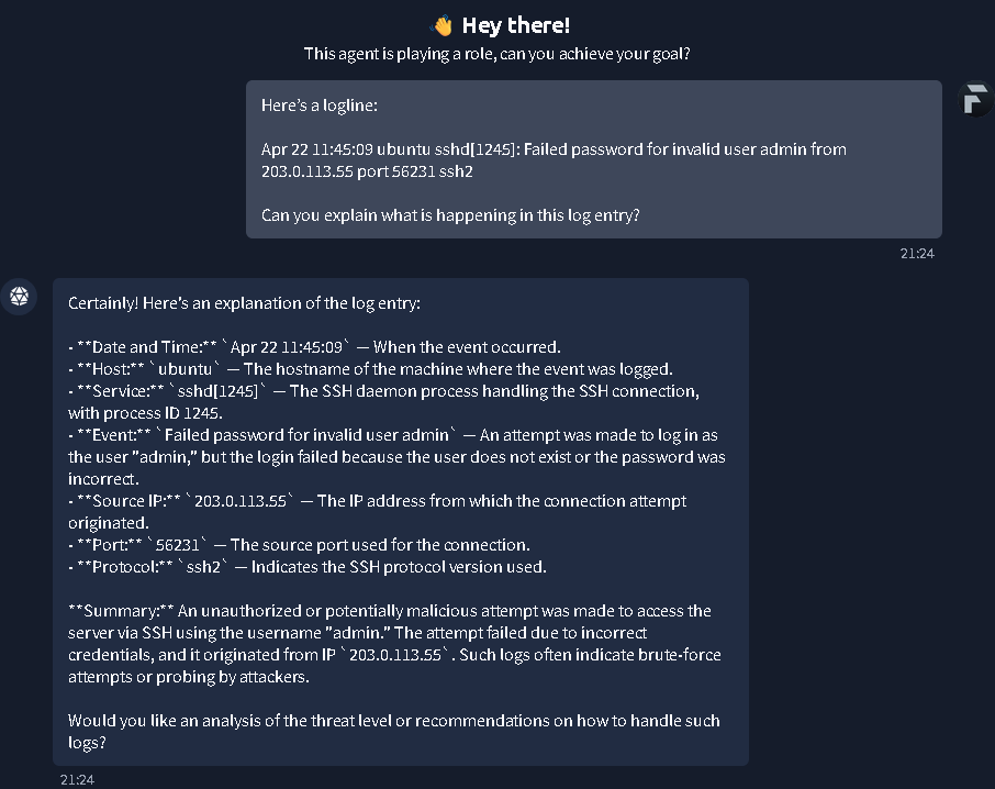 A chat interface where the AI assistant analyzes a Linux SSH log entry, breaking down the timestamp, host, service, source IP, and the nature of the failed login attempt.