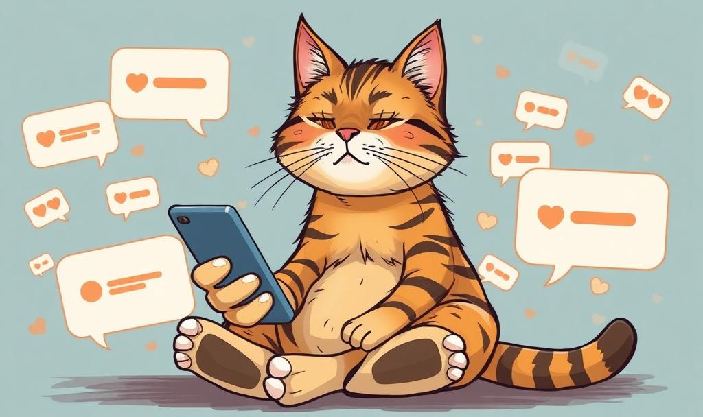 A cartoon-style orange tabby cat holding a smartphone, sitting with a weary, unimpressed expression. Multiple chat bubbles float around the cat, symbolizing a flood of messages.
