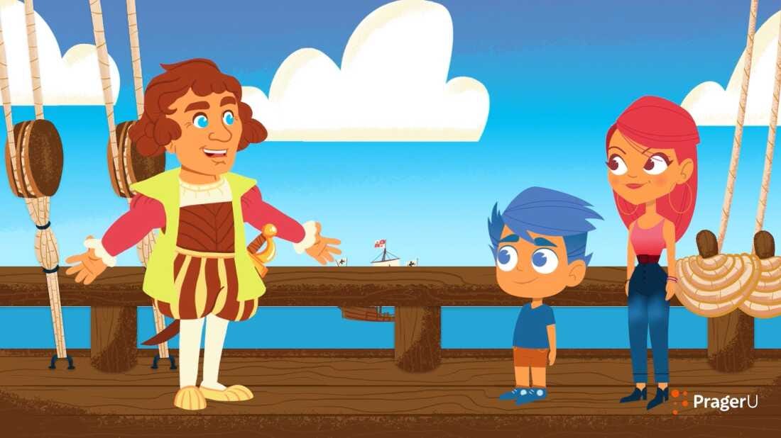 A cartoon version of Christopher Columbus talks to two children aboard a ship.