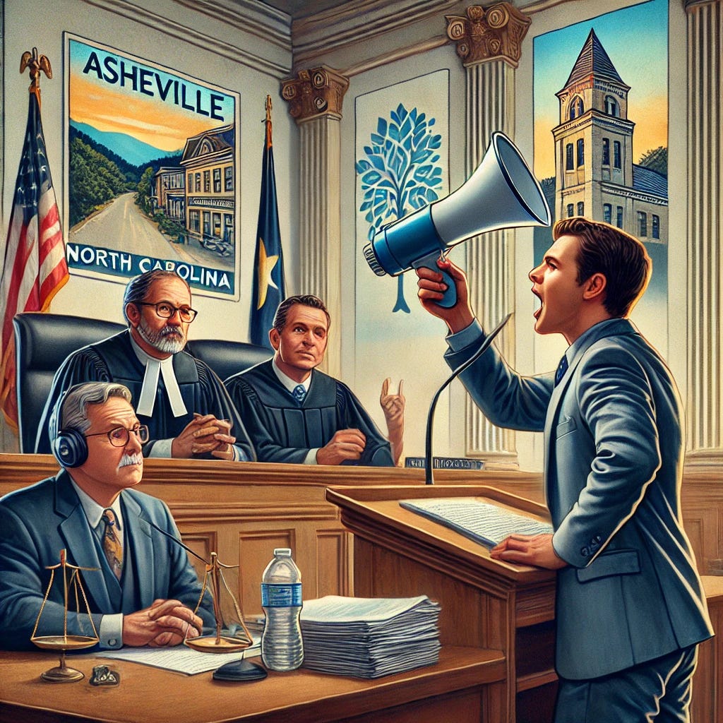 A courtroom scene set in Asheville, North Carolina, with three judges sitting behind a bench, listening to arguments from two opposing attorneys. One attorney represents the city government, while the other represents an individual challenging a noise ordinance. The individual is depicted as a man in a suit, holding a plastic bullhorn and a legal brief, with a determined expression. The city attorney is confidently arguing their case. The setting includes elements of Asheville, such as Blue Ridge Mountain artwork or local architectural details. The atmosphere is serious and professional, reflecting a high-stakes First Amendment case.