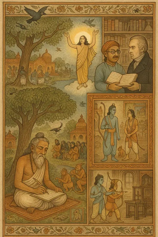 An illustrated scene showing the evolution of the Bengali Ramayana. At the bottom left, poet Krittibas writes under a large tree, surrounded by Vanaras and village life. Above him, Chaitanya Mahaprabhu appears with raised hands near a riverside temple. To the right, Jayagopal Tarkalankar presents a manuscript to William Carey in a library setting. Side panels include scenes of Rama with Lava and Kusha, Hanuman confronting a demoness, and a flying crow with one blinded eye. Traditional floral patterns decorate the borders