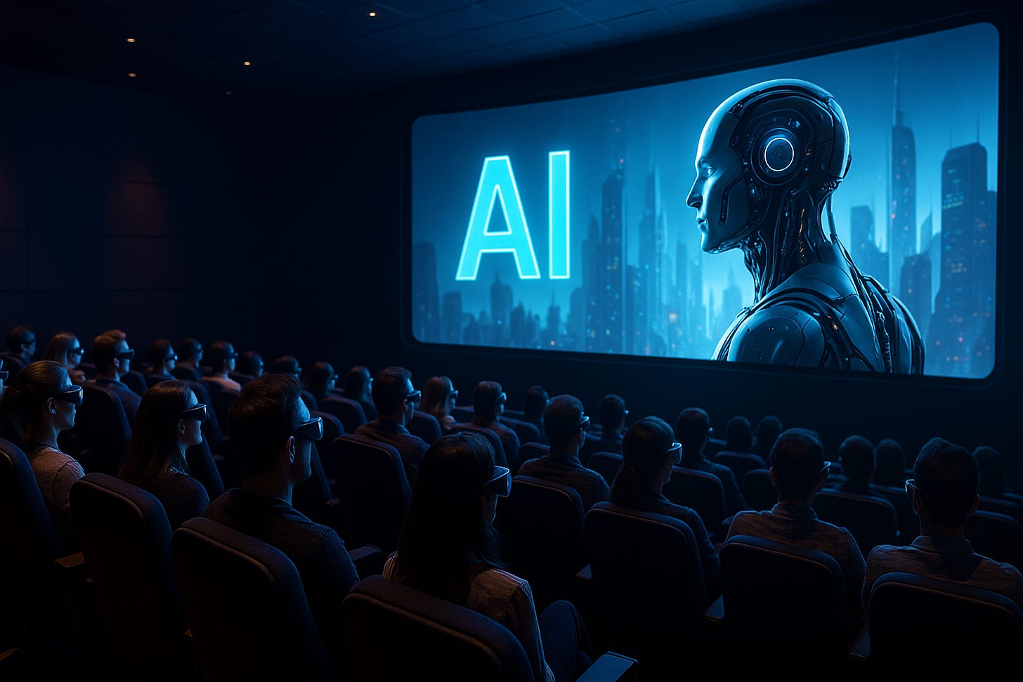 Public vizionând un film generat de AI într-o sală de cinema futuristă Public vizionând un film generat de AI într-o sală de cinema futuristă