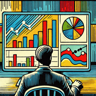 An illustration of a person sitting at a desk, facing a colorful computer screen displaying various charts and graphs, emphasizing data visualization and analysis.