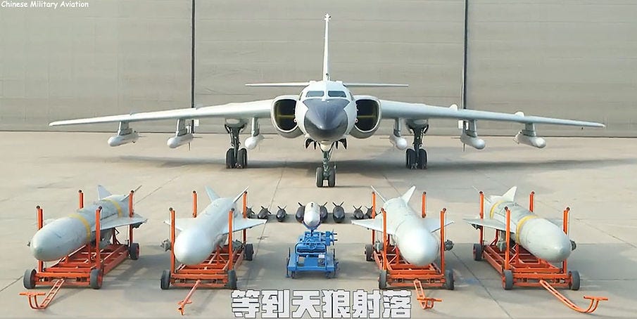 A PLAAF H-6K carrying six KD-20 air-launched land-attack cruise missiles A PLAAF H-6K carrying six KD-20 air-launched land-attack cruise missiles