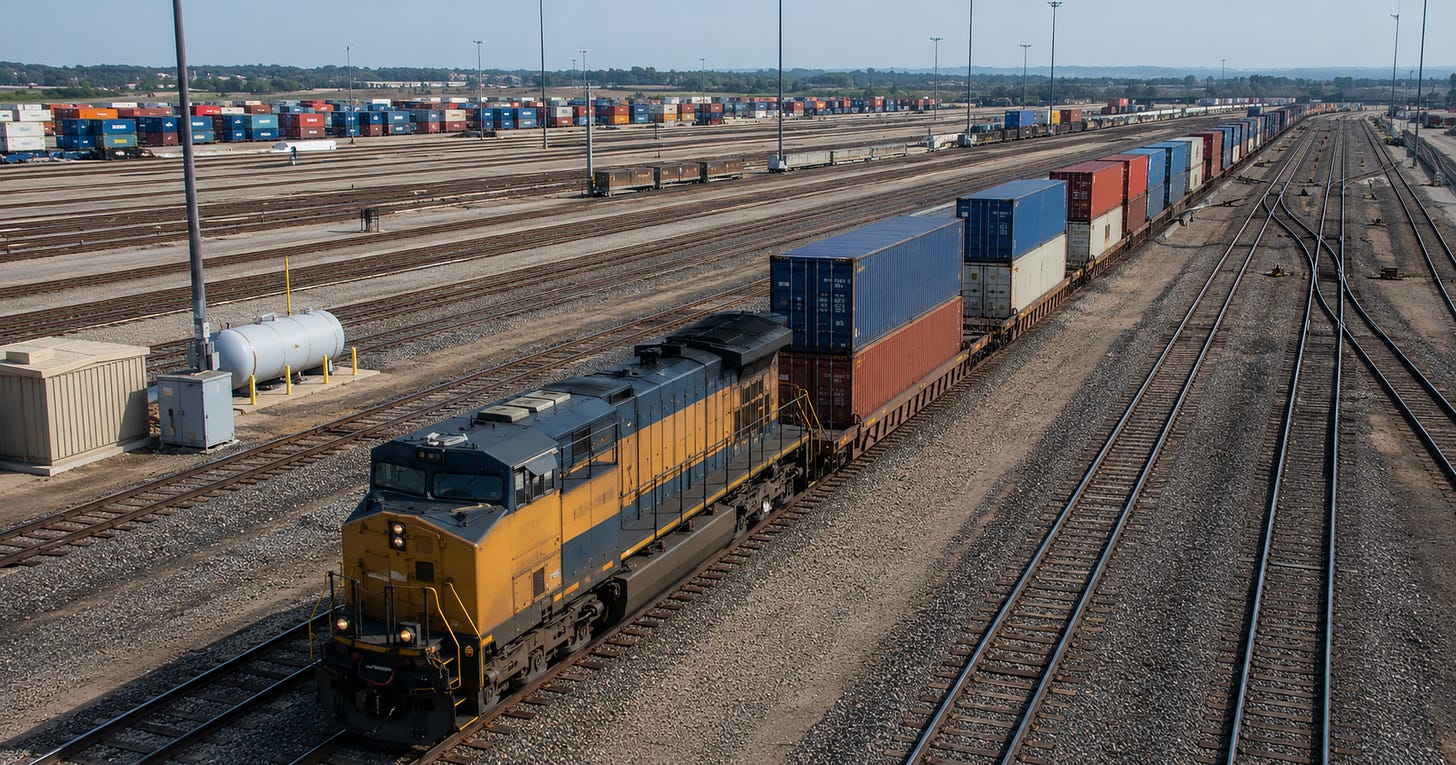 A container freight train travels through a large American intermodal rail yard. A container freight train travels through a large American intermodal rail yard.