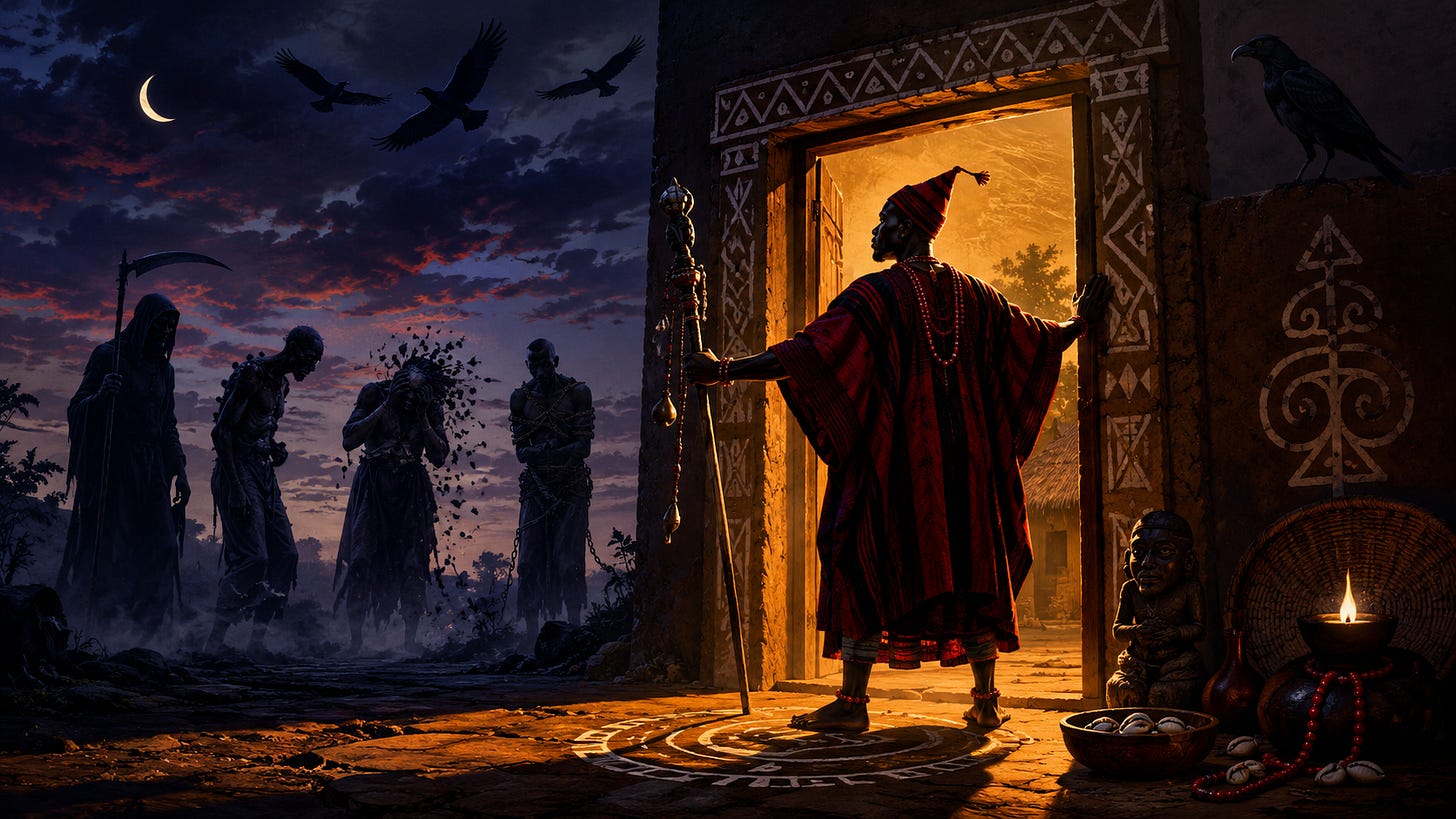 A wide 16:9 spiritual illustration in deep indigo and warm ochre with a small red accent. A glowing doorway or threshold stands in a Yoruba-inspired courtyard at dusk. Four shadow-like presences wait outside the boundary, while a poised guardian figure symbolizing Èṣù stands at the entrance. Faint bird silhouettes above suggest the hidden authority of the Mothers. The atmosphere is solemn, mystical and protective, with no text overlaid. A wide 16:9 spiritual illustration in deep indigo and warm ochre with a small red accent. A glowing doorway or threshold stands in a Yoruba-inspired courtyard at dusk. Four shadow-like presences wait outside the boundary, while a poised guardian figure symbolizing Èṣù stands at the entrance. Faint bird silhouettes above suggest the hidden authority of the Mothers. The atmosphere is solemn, mystical and protective, with no text overlaid.