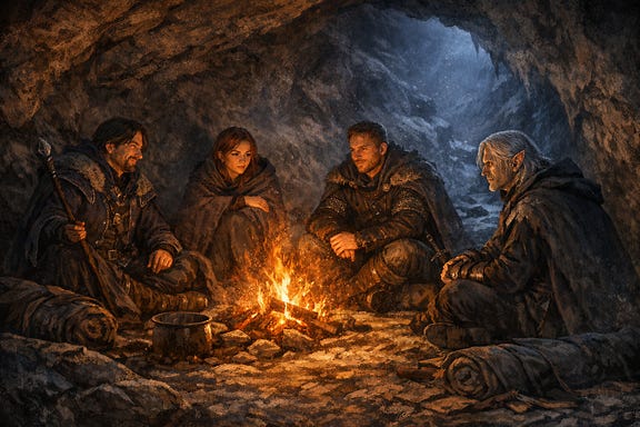 Campfire scene with Felonious, Ireena, Fleetwood, and Kasimir in a mountain cave Campfire scene with Felonious, Ireena, Fleetwood, and Kasimir in a mountain cave