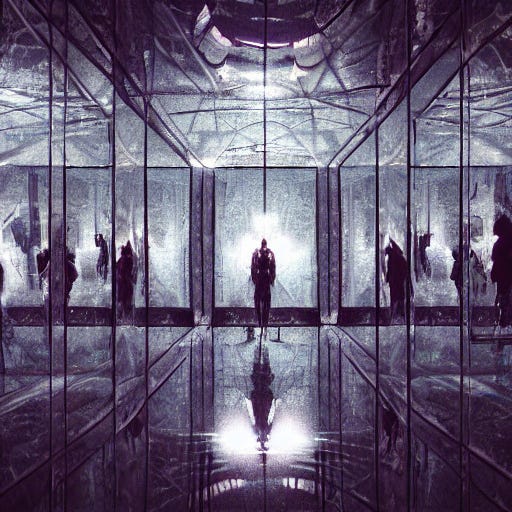 prompthunt: Trapped in a room of mirrors, abstract digital painting,  disorienting, confusing, scary, concept art, artstation, trending on  artstation, 8k, cinematic lighting, dramatic, sharp focus, highly detailed,  reflections, horror