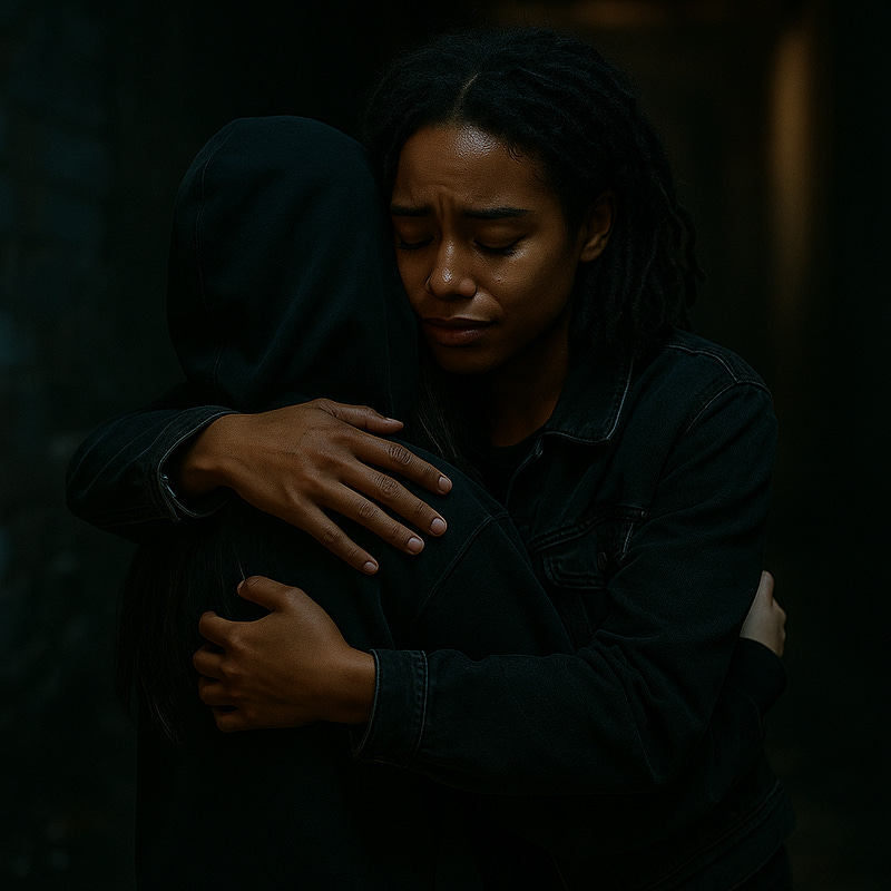 A young Black woman with shoulder-length locs, wearing a dark denim jacket, gently hugs a younger Asian girl in a black hoodie. They stand in a dimly lit alleyway, surrounded by shadows. The Asian girl's face is buried in the taller woman's shoulder, her expression unseen, while the Black woman's face is calm, her eyes closed as if in relief or solemnity. The embrace is intimate and protective, a stark contrast to the harsh urban backdrop.