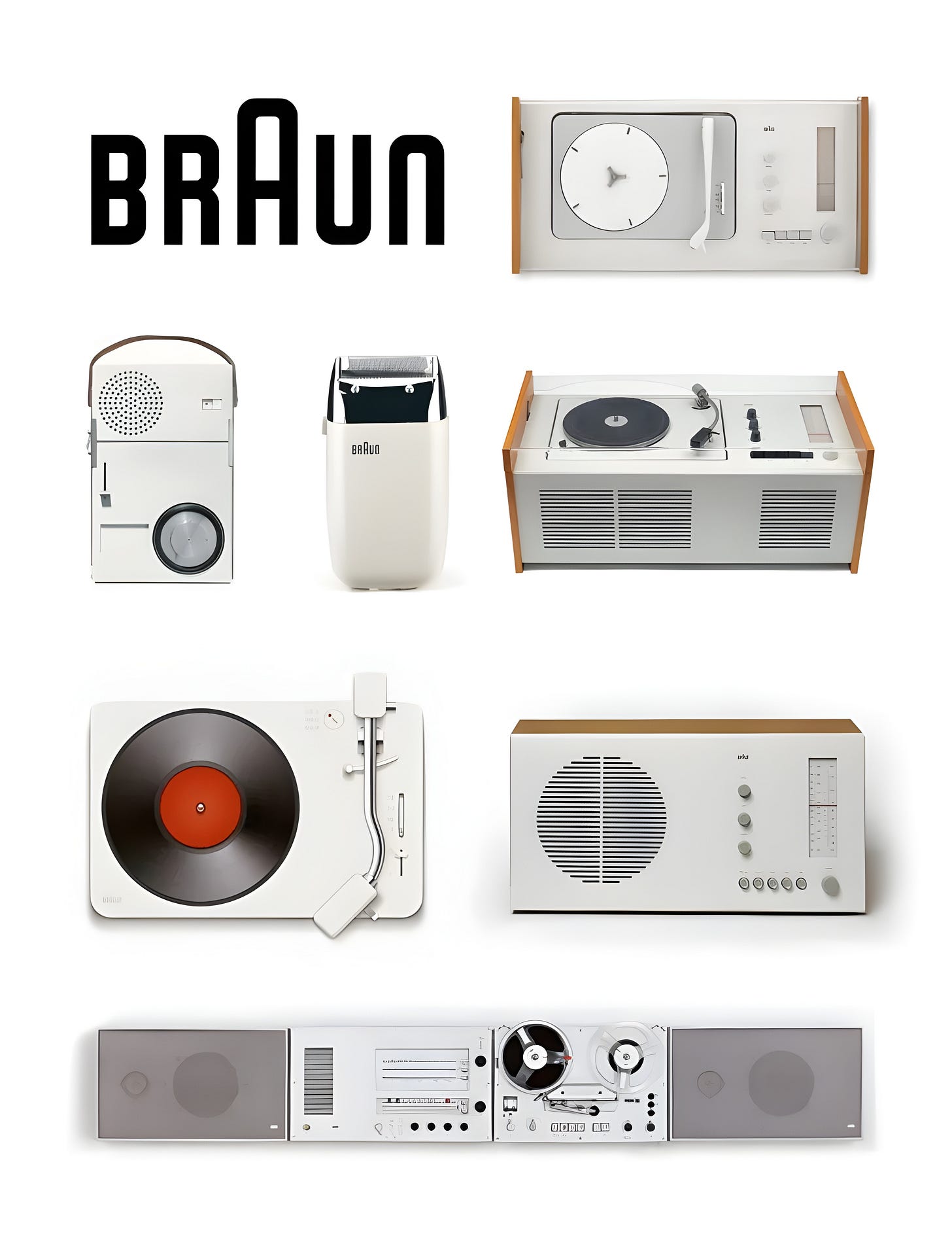 A collection of vintage Braun electronics including record players and radios in a minimalist industrial design style on white.