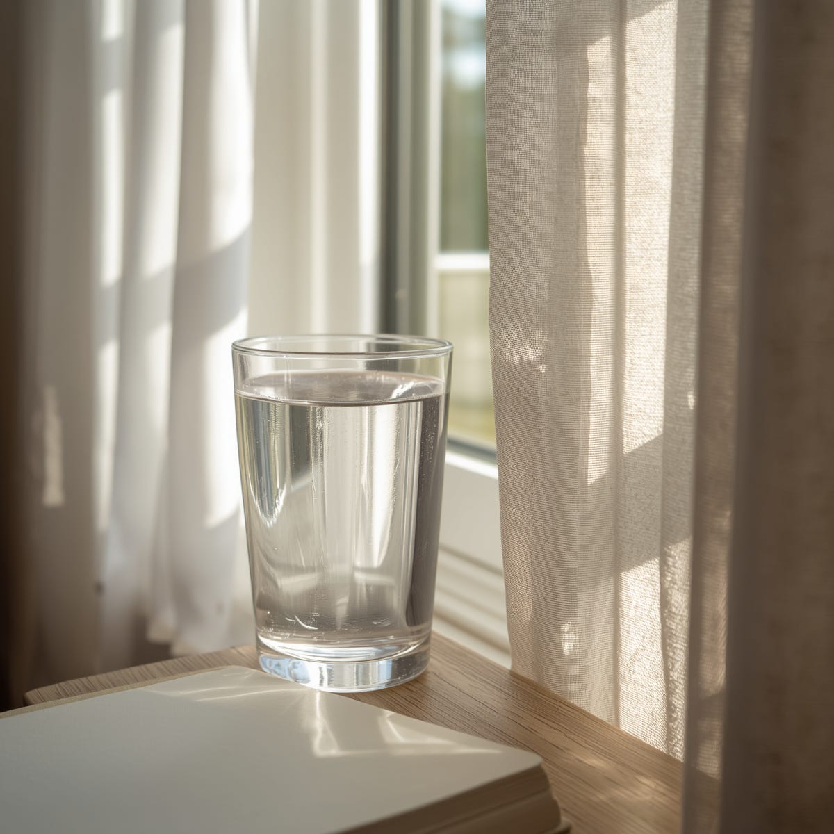 A glass of water sits on a sunlit window beside light curtains.