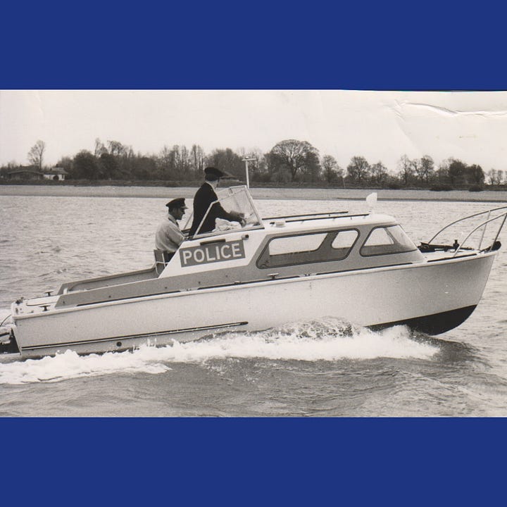 Black and white photos of a small river boat with 'Police' written on the side.