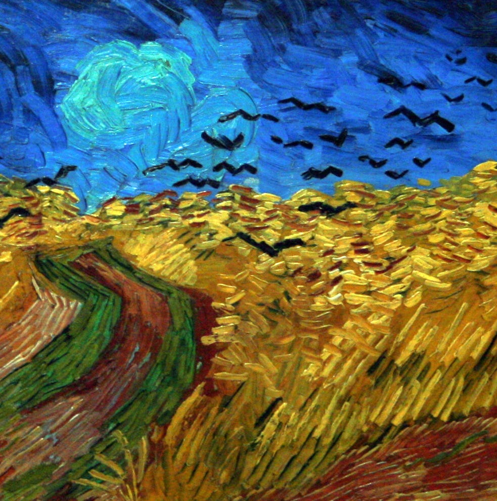 Close view of thick strokes of yellow wheat and black crows against a dark blue sky. Close view of thick strokes of yellow wheat and black crows against a dark blue sky.
