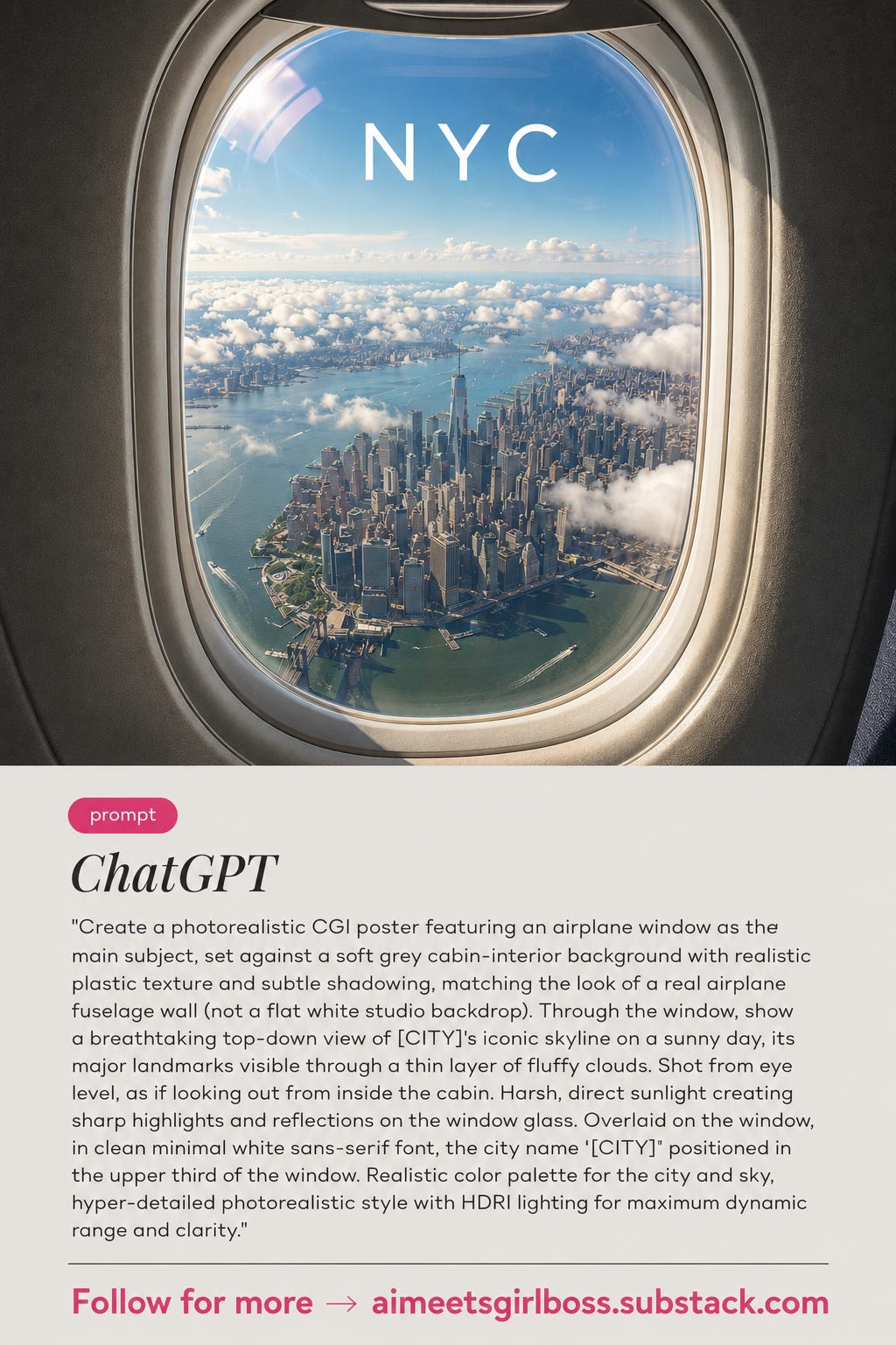 Screenshot of the ChatGPT airplane window prompt applied to New York City, showing the Manhattan skyline through an airplane window labeled NYC