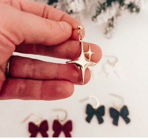 bow earrings, trio of earrings, sparkle earrings