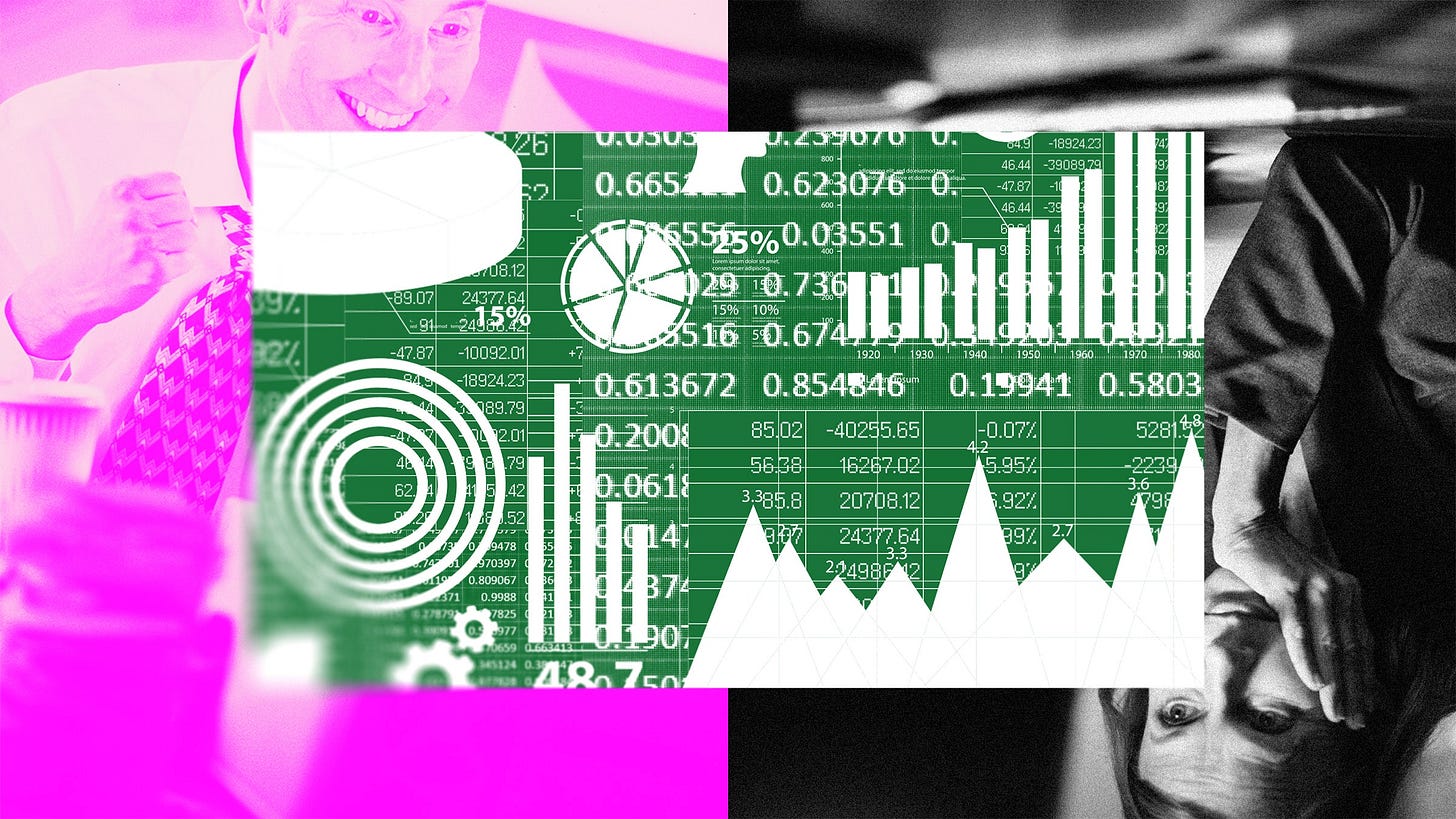 Photo collage of spreadsheets graphs one office worker looking excited and another one looking bored