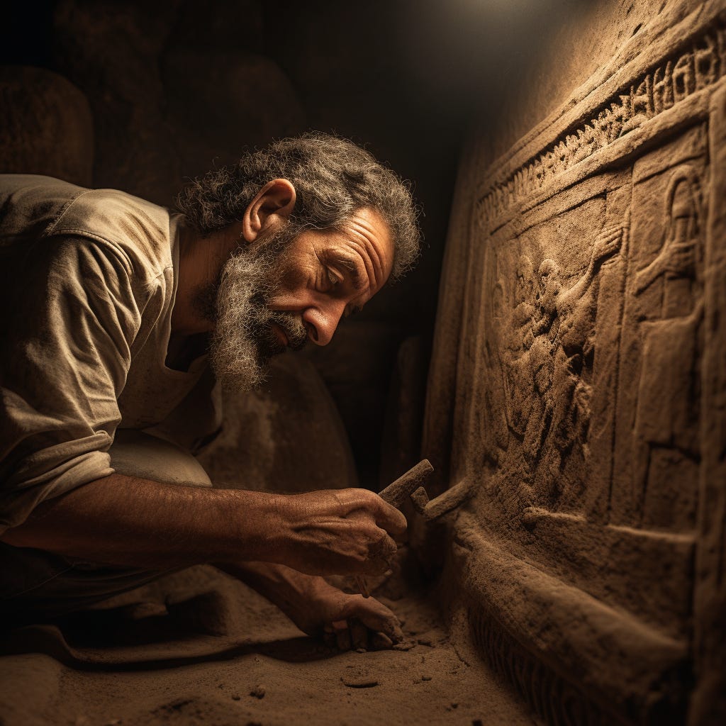Image of an archaeologist carefully brushing away sand to reveal an ancient carving. Image of an archaeologist carefully brushing away sand to reveal an ancient carving.