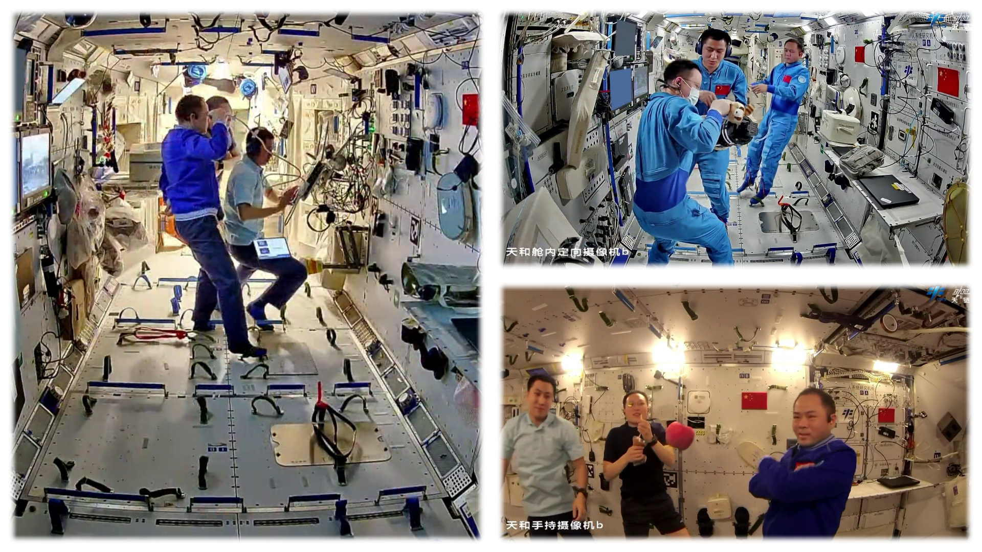 The Shenzhou-21 crew participating in an eye exam (left), performing maintenance on a piece of the physics experiment cabinet (top right), and watching an apple drift through the module during a call with mission control (bottom right).