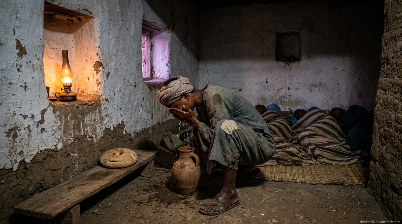 A photorealistic wide-angle photograph in 169 format capturing the interior of a humble 1920s Egyptian mud-brick dwelling at pre-dawn lit by a single small oil lamp casting amber light on earthen walls A lean Egyptian teenager 17 years old d_image_1