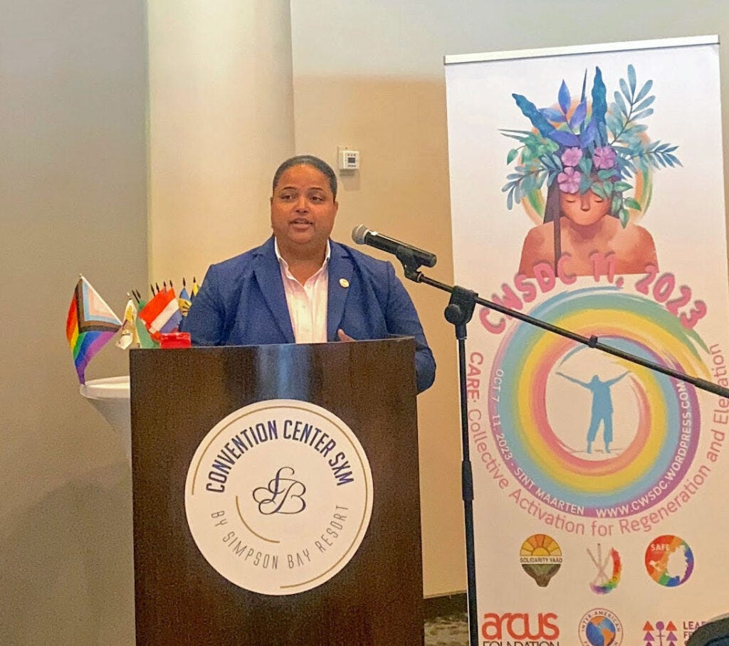 Sint Maarten MP Melissa Gumbs welcomes conference-goers.